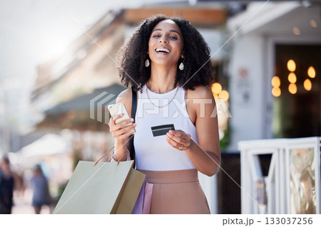 Shopping, credit card and portrait of woman with phone for ecommerce, information or confirmation. Online payment, face and banking for girl retail customer at a mall while checking score Shopping, credit card and portrait of woman with phone for ecommerce, information or confirmation. Online payment, face and banking for girl retail customer at a mall while checking score 133037256