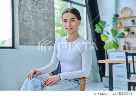 Portrait of beautiful stylish young teenage girl posing at home 133037272