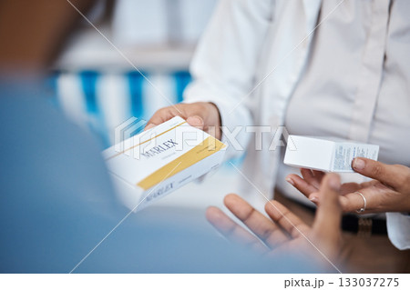 Pharmacy product, customer hands or pharmacist help man with pills choice, pharmaceutical decision or medicine box shopping. Hospital retail shop, medical healthcare support and people in drugs store 133037275