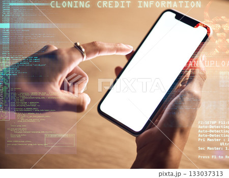 Woman, hands or phone screen of hacking information, phishing mockup or abstract coding overlay in night office. Zoom, programmer or developer on mobile technology, virus software or 3d fintech risk 133037313