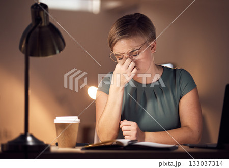 Eye strain, headache and business woman doing computer work at night with report deadline. Working in dark, anxiety and burnout of a corporate worker with a laptop problem and glitch feeling fatigue 133037314