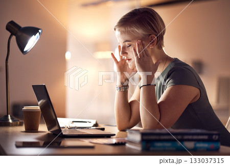 Stress, business woman headache and computer work at night in a office with project report deadline. Working in dark, anxiety and burnout of a worker with a laptop problem and glitch feeling tired 133037315