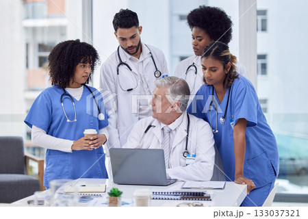 Doctors, nurses or laptop in hospital training, learning or workshop for medicine treatment, teamwork or diversity collaboration. Planning, men or healthcare worker women on clinic meeting technology 133037321