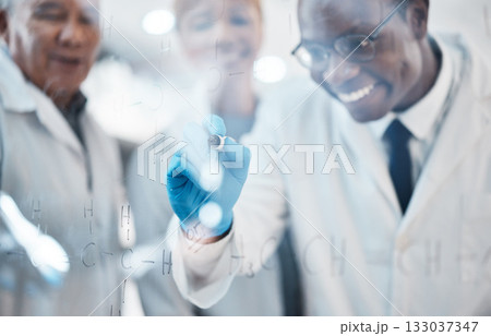 Science, writing on glass and team in laboratory for experiment, chemistry equation and medical test. Healthcare, biotechnology and scientists meeting, brainstorming and thinking of medicine formula 133037347