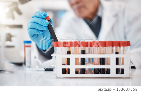 Blood, test tube and hands of scientist in laboratory with sample for research, medical study and science. Healthcare, pharmaceutical and old man with vial for dna testing, biology and rna analysis 133037358