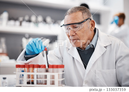 Blood, science and scientist in laboratory with sample for research, medical study and forensic investigation. Healthcare, pharmaceutical and senior man with vial for dna test, exam and rna analysis Blood, science and scientist in laboratory with sample for research, medical study and forensic investigation. Healthcare, pharmaceutical and senior man with vial for dna test, exam and rna analysis 133037359