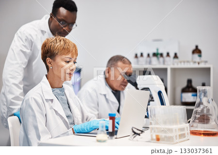 Science, research and woman with laptop in laboratory for experiment, study and medical report. Healthcare team, biotechnology and scientists on computer for data analysis, analytics and results Science, research and woman with laptop in laboratory for experiment, study and medical report. Healthcare team, biotechnology and scientists on computer for data analysis, analytics and results 133037361
