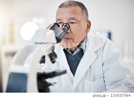 Science, laboratory and senior scientist with microscope for research, medical study and data analytics. Healthcare, biotechnology and old man with sample for experiment, vaccine exam and medicine 133037364