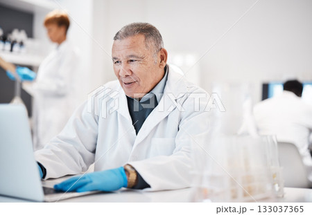 Man, scientist and typing on laptop in lab, medical research with senior phd doctor and enter experiment results online. Scientific innovation, male in biology and digital record of science test 133037365