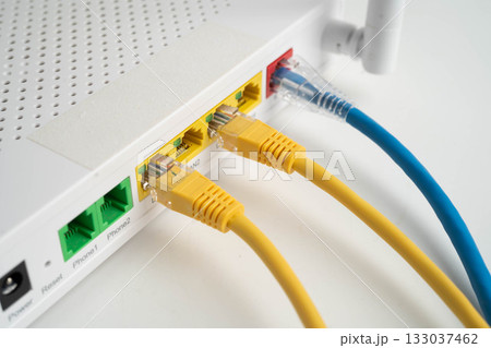 Ethernet cable with wireless router connect to internet service provider network. 133037462
