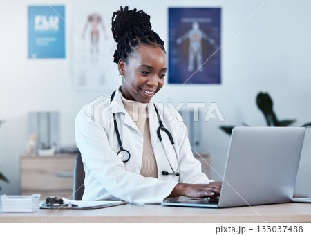 Laptop, medical research and doctor typing medicine report, healthcare study or review digital archive database. Reading online info, hospital clinic and black woman doing analysis of health results Laptop, medical research and doctor typing medicine report, healthcare study or review digital archive database. Reading online info, hospital clinic and black woman doing analysis of health results 133037488
