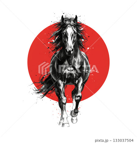 墨絵風の黒馬+赤い円 墨絵風の黒馬+赤い円 133037504
