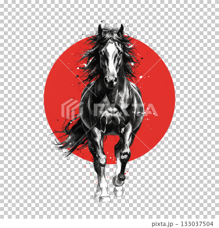 Sumi-e style black horse + red circle 133037504