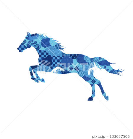爽やかな青い和柄の跳ね馬　クールで清潔感のある年賀イラスト 133037506