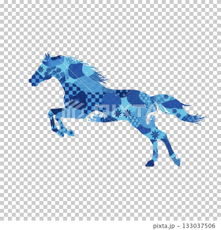 一匹清新雅緻的藍色日式花紋駿馬：一幅清爽乾淨的新年插畫 133037506