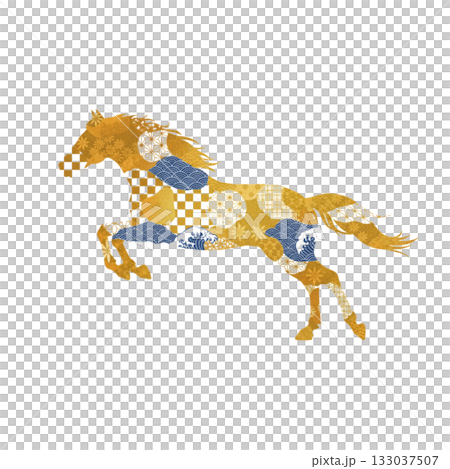 一張精美吉祥的新年賀卡插圖，描繪了一匹駿馬，配上醒目的金藍色日式圖案。 133037507