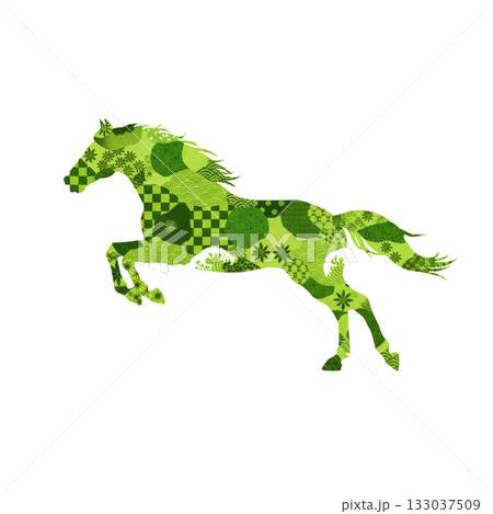 緑の和柄が爽やかな跳ね馬 自然や成長をイメージした年賀状イラスト 緑の和柄が爽やかな跳ね馬 自然や成長をイメージした年賀状イラスト 133037509