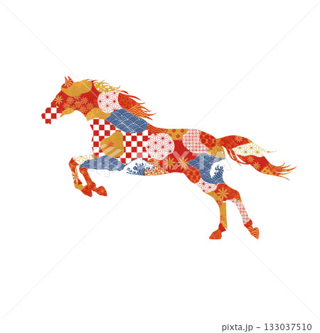 赤と青と金の華やかな和柄の馬　伝統とモダンが融合したお正月デザイン 133037510