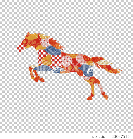 A gorgeous Japanese horse pattern in red, blue, and gold - a New Year's design that combines tradition and modernity A gorgeous Japanese horse pattern in red, blue, and gold - a New Year's design that combines tradition and modernity 133037510