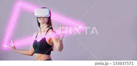 Hologram, vr or happy woman in metaverse on studio background gaming, cyber on digital overlay. Wow, pink triangle or virtual reality user or fantasy girl gamer in futuristic 3d ai scifi experience 133037571