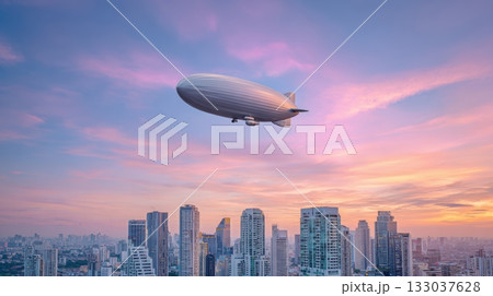 Massive silver zeppelin hovers over city skyline at sunrise, showcasing the future of public transport in vibrant pastel hues Massive silver zeppelin hovers over city skyline at sunrise, showcasing the future of public transport in vibrant pastel hues 133037628