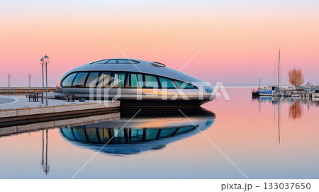 Futuristic capsule boat reflects pastel sunset in serene harbor showcasing advanced urban transport concepts 133037650