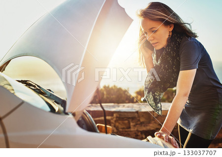 Breakdown, car and woman with phone, call for help, roadside assistance and auto insurance services. Emergency, transport and lady with engine problem talking on smartphone for advice from service. 133037707