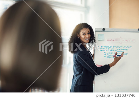Presentation board, meeting and happy woman explain sales pitch, brainstorming ideas or planning business strategy. Audience, smile and boss giving proposal, office report or client investment plan Presentation board, meeting and happy woman explain sales pitch, brainstorming ideas or planning business strategy. Audience, smile and boss giving proposal, office report or client investment plan 133037740
