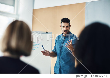 Presentation board, workshop meeting and man training, coaching or teaching audience, trade show event or seminar. Discussion, info and business leader, speaker or person talking to conference group 133037744