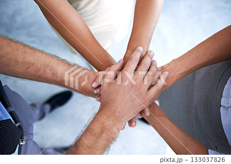 Top view, group and hands of business people for motivation, support and winner of success, target and trust. Hand huddle, teamwork and cooperation of mission, goals and celebration synergy about us 133037826
