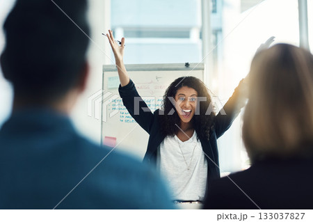 Presentation meeting, team leader or excited woman cheers for success idea, wow answer or job promotion winner. Congratulations, winning or happy celebration for person, business agent or achievement 133037827