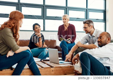 Business people, creative meeting and teamwork for collaboration, planning or strategy at office. Group of employee workers in team discussion, project plan or brainstorming for startup at workplace 133037847