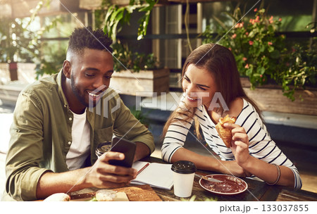 Restaurant, friends and black man and woman with phone for social media, internet and online website. Coffee shop, communication and happy people bonding on smartphone reading text, message and chat Restaurant, friends and black man and woman with phone for social media, internet and online website. Coffee shop, communication and happy people bonding on smartphone reading text, message and chat 133037855