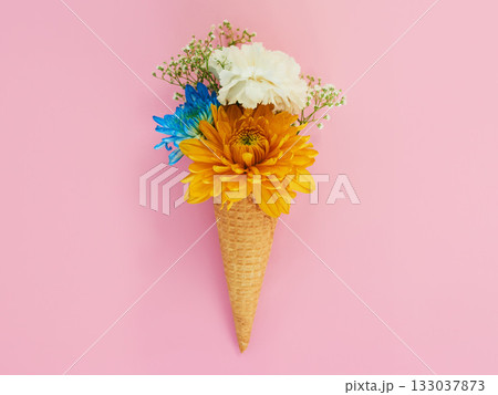 Flowers, cone and ice cream in a studio for decoration, creativity or art with fresh and colorful bouquet. Creative, still life and blossom floral plants in a dessert isolated by pink background. Flowers, cone and ice cream in a studio for decoration, creativity or art with fresh and colorful bouquet. Creative, still life and blossom floral plants in a dessert isolated by pink background. 133037873
