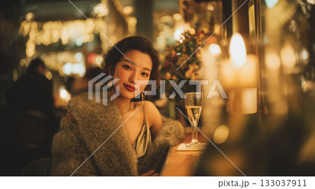 ラグジュアリーなバーで微笑む女性｜シャンパンとともに過ごす上質な大人の時間 133037911