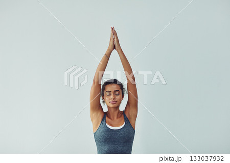 Yoga, meditation and woman on a white background for wellness, breathing exercise and healthy body. Fitness, zen mockup and female person meditate for calm, peace and relax for balance and wellbeing Yoga, meditation and woman on a white background for wellness, breathing exercise and healthy body. Fitness, zen mockup and female person meditate for calm, peace and relax for balance and wellbeing 133037932