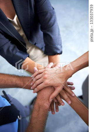Above, hands and team of business people for support, solidarity and synergy of success, agreement and trust. Hand, stack and group cooperation of collaboration, mission and winning partnership goals 133037939