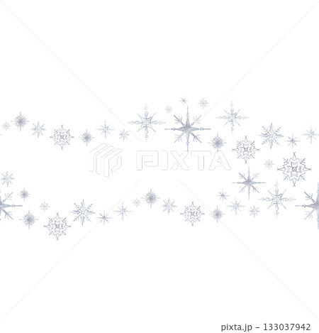 Seamless Pattern with Snowflakes on isolated background. Hand drawn watercolor illustration with wavy line. Repeat Border for banner or ornament in pastel colors. Heavenly drawing for backdrop 133037942