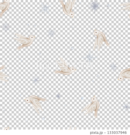 Watercolor repeat seamless pattern with illustration of a flying birds of peace with spread wing and snowflakes. Hand-drawn Bird design symbol of peace for invitations in beige colors. 133037946
