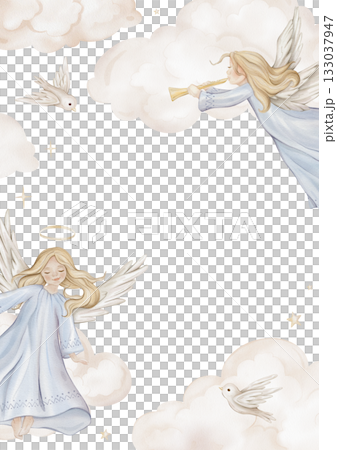 Vertical Banner watercolor illustration with angel with light hair and nimbus. Postcard for Christmas or Christian Nativity for religious baptism. Hand drawn illustration clouds and birds, stars 133037947