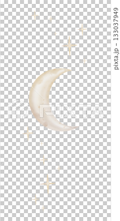 Vertical composition with hand drawn watercolor illustration of the moon with stars for nursery wall art in light pastel beige yellow color. Sky for dreamy atmosphere for kids design. Vertical composition with hand drawn watercolor illustration of the moon with stars for nursery wall art in light pastel beige yellow color. Sky for dreamy atmosphere for kids design. 133037949