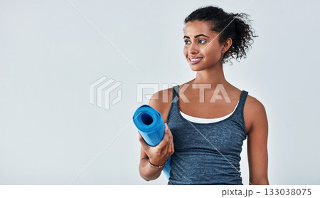 Yoga, fitness and face of woman with mat for wellness, exercise and healthy body on white background. Happy, pilates mockup and female person ready for workout for balance, wellbeing and training Yoga, fitness and face of woman with mat for wellness, exercise and healthy body on white background. Happy, pilates mockup and female person ready for workout for balance, wellbeing and training 133038075