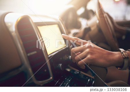 Hand, screen and map navigation in car for person on travel, driving and transportation with typing. Closeup, driver and online search for location with digital touchscreen, road trip and transport 133038108