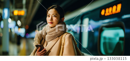 夜の新幹線ホームでスマホを見る女性｜旅の途中でふと立ち止まる静かな時間 133038115