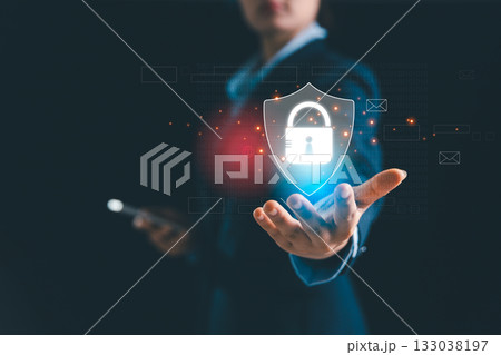 Businesswoman stands before virtual security system, futuristic technology like biometric fingerprint scanner, password, key access to guard sensitive data-illustrating concept of digital protection. Businesswoman stands before virtual security system, futuristic technology like biometric fingerprint scanner, password, key access to guard sensitive data-illustrating concept of digital protection. 133038197