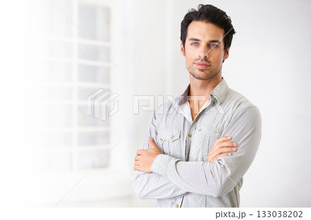 Portrait, man and real estate agent with arms crossed, pride for career or job with mockup. Face, serious and male realtor, entrepreneur and confident professional from Spain standing in home. Portrait, man and real estate agent with arms crossed, pride for career or job with mockup. Face, serious and male realtor, entrepreneur and confident professional from Spain standing in home. 133038202