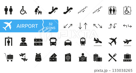 Airport Navigation And Facilities Icon Set. Comprehensive Travel And Transportation Silhouette Symbol Collection. Includes Accessibility, Security, And Passenger Services. Vector Illustration Airport Navigation And Facilities Icon Set. Comprehensive Travel And Transportation Silhouette Symbol Collection. Includes Accessibility, Security, And Passenger Services. Vector Illustration 133038265