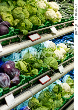 Food, shopping and health with fresh produce in supermarket for sale, nutrition and retail. Grocery, consumer and offer with organic vegetables on shelf of store for diet, purchase and products Food, shopping and health with fresh produce in supermarket for sale, nutrition and retail. Grocery, consumer and offer with organic vegetables on shelf of store for diet, purchase and products 133038273