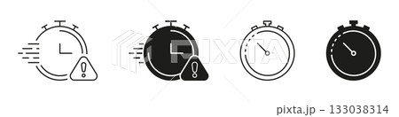 Stopwatch With Alert Icon Set. Time Management, Urgency, And Deadline Notification Outline And Silhouette Symbol Collection. Efficiency And Productivity. Isolated Vector Illustration 133038314