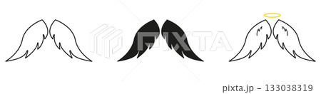 Angel Wings And Halo Line And Solid Icon Set. Spirituality, Protection, And Guardian Symbol Outline And Silhouette Collection. Celestial And Divine Representation. Isolated Vector Illustration 133038319